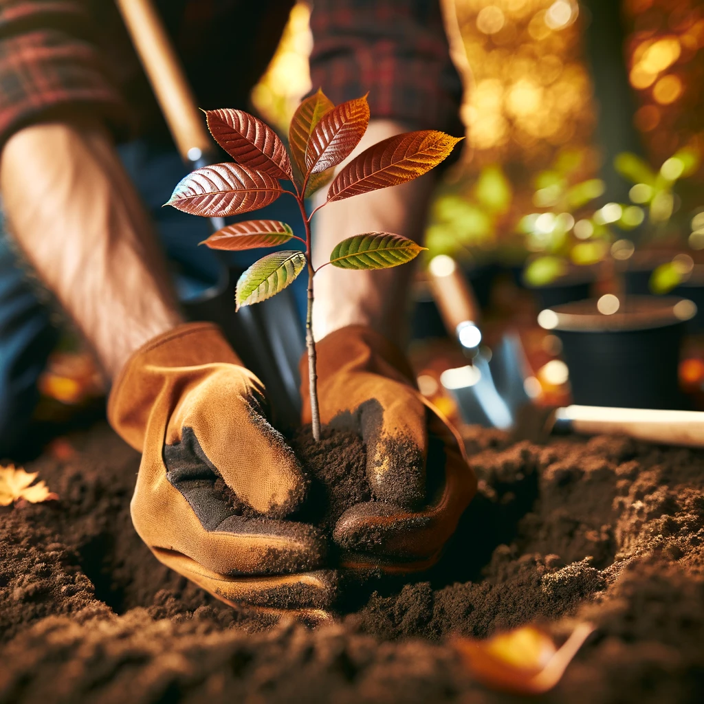 Close-up of a gardener's hands wearing gloves while planting a young tree with reddish-brown leaves in soil, indicating the autumn planting season