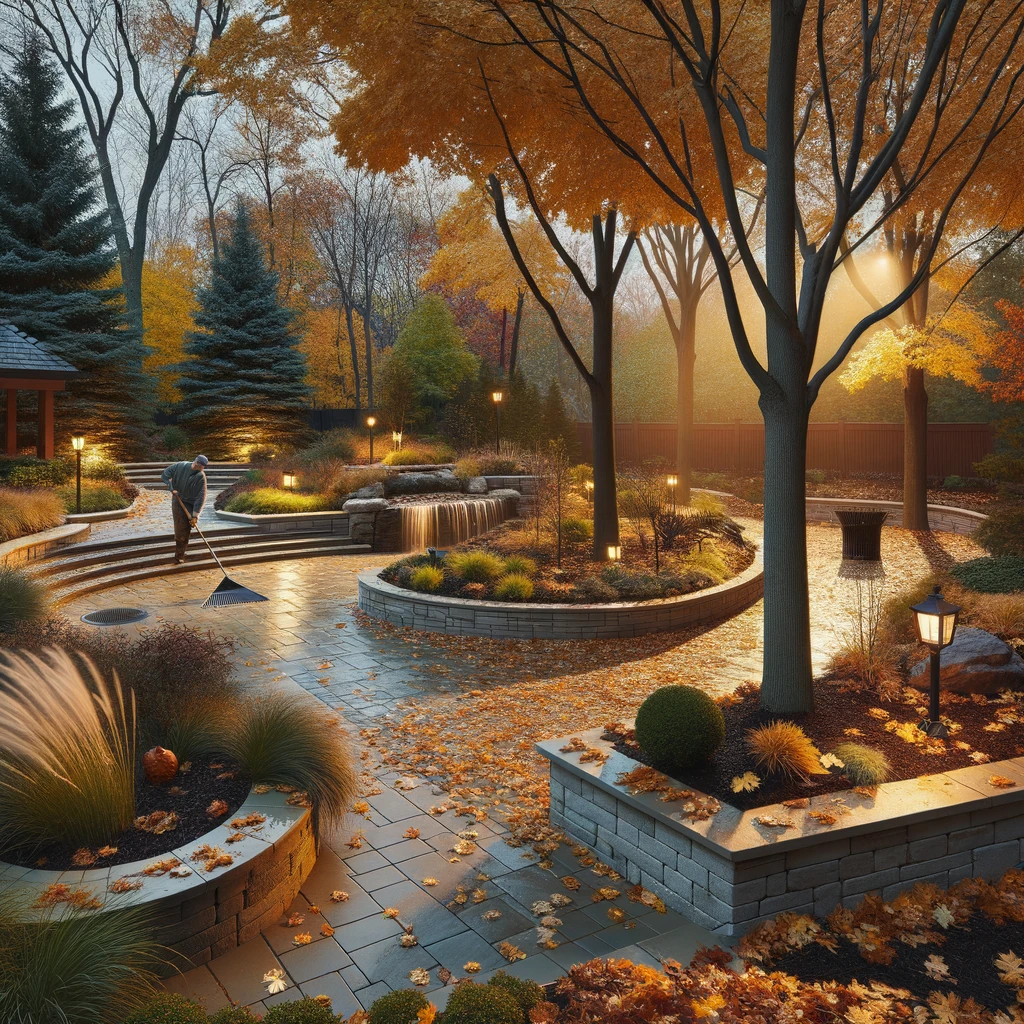 Autumn-themed garden with a person sweeping fallen leaves, surrounded by trees showcasing fall colors, circular paver pathways, landscape lighting, and a cascading water feature.