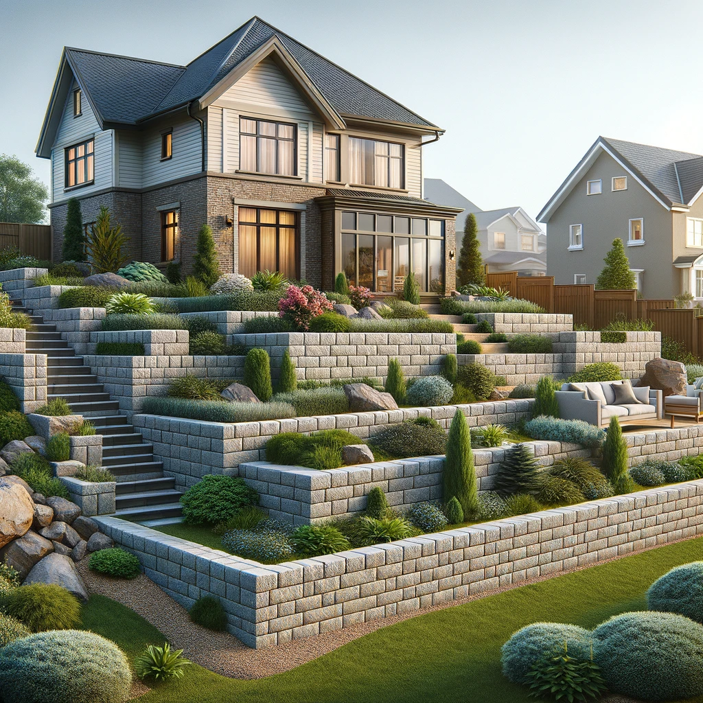 Professionally built retaining wall in a residential garden, with a house in the background. The wall, made of neatly stacked stones, blends seamlessly with the modest landscaping and greenery.