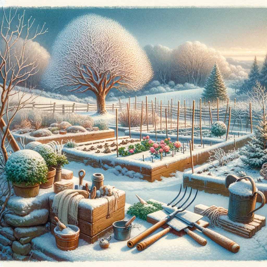 A serene winter garden scene in St. Louis County, showing dormant garden beds covered in snow, a frost-laden tree, and resting gardening tools, symbolizing the preparation for a thriving spring garden.