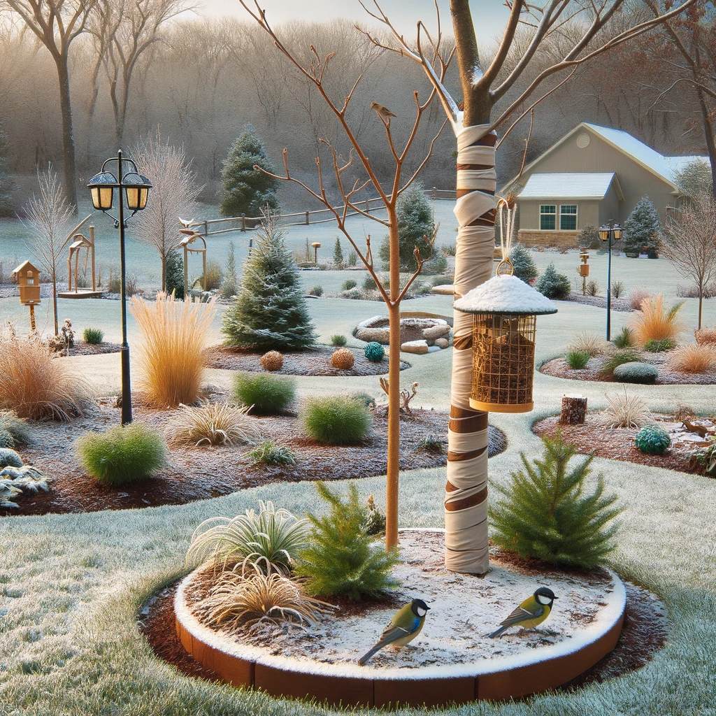 Missouri winter garden with snow-covered lawn, mulched beds, wrapped trees, and active bird feeder, symbolizing December garden care.