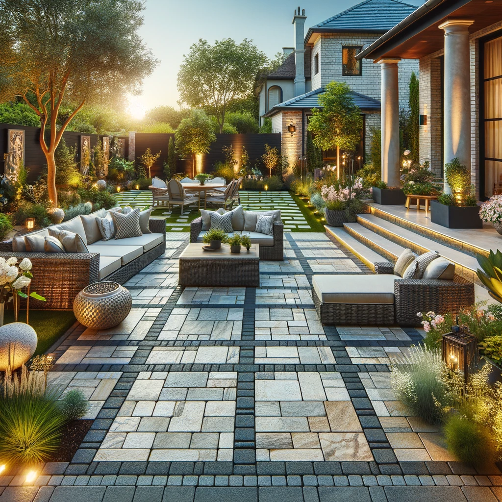 Modern and elegant outdoor paver patio by Greenstone Landscaping, featuring natural stone and concrete pavers, stylish furniture, landscape lighting, surrounded by lush greenery in a residential garden.