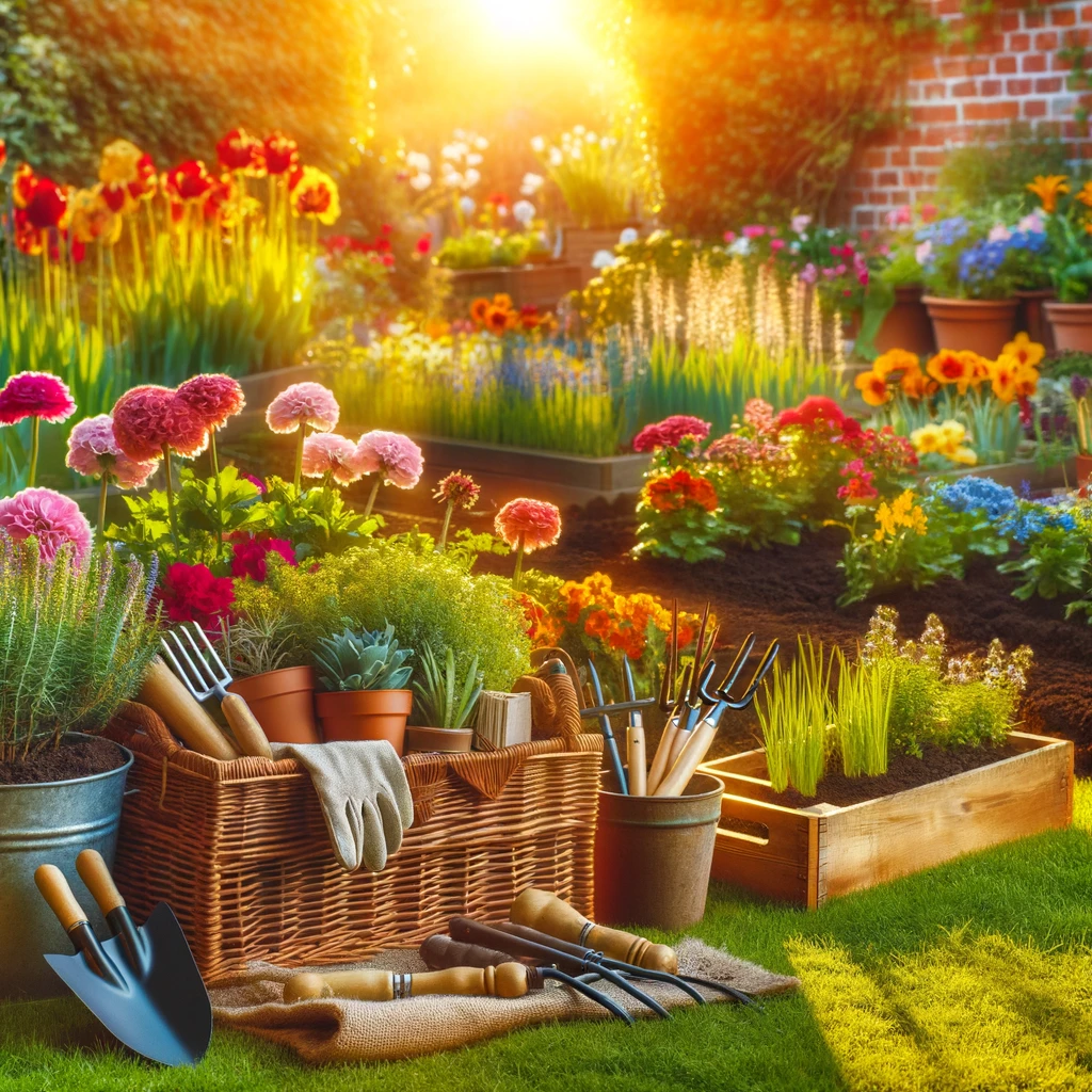 Colorful spring garden with a variety of blooming annual flowers, neatly organized beds, gardening tools in the background, and a sunny, cheerful atmosphere.